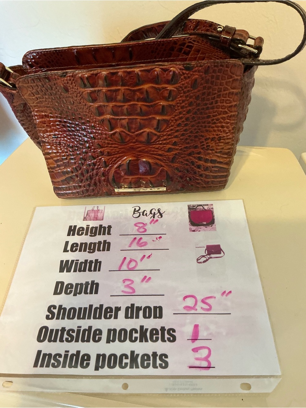 Brahmin Carrie Pecan Melbourne Croc Embossed Leather Crossbody Shoulder Bag